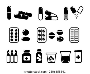 Pill icons. Set pills and of different types of medicine. Medical capsules of various shapes. Antibiotics, vitamins in the package. Concept of pharmaceuticals, medicines, pharmacy. Isolated silhouette