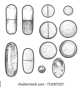 Pill illustration, drawing, engraving, ink, line art, vector