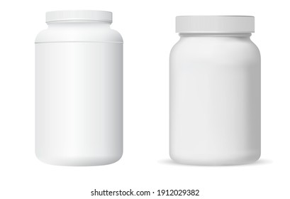 Frasco de píldoras. Paquete de suplemento de vitamina. Cápsula de la cápsula, diseño de productos de farmacia con receta. Complemento deportivo redondo o cierre de frasco de pólvora. Diseño de botellas para cilíndricos para medicamentos