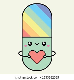 Pill in kawaii style with a heart in his hands. Cartoon character. Healthcare concept. Medication drugs. Vector illustration isolated on a white background. Abstract hospital or treatment symbol.