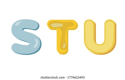 Pill letters for your creativity. Multicolored vector alphabet set on a white background. S, T, U pictures