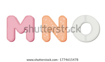 Pill letters for your creativity. Multicolored vector alphabet set on a white background. M, N, O pictures