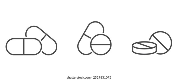 Conjunto de iconos de línea de píldora. Símbolos farmacéuticos y de medicamentos. Imágenes vectoriales aisladas en estilo simple