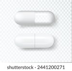 Pill Medical capsule tablet icon isolated on transparent grid background. Vector realistic