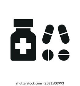 Pill medical icon is a simple vector illustration of a capsule and tablet, perfect for representing medication, pharmacy, and healthcare applications.
