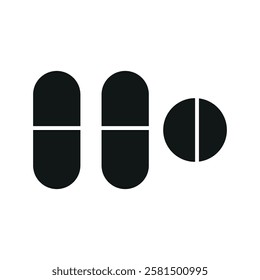 Pill medical icon is a simple vector illustration of a capsule and tablet, perfect for representing medication, pharmacy, and healthcare applications.