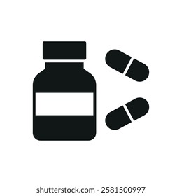 Pill medical icon is a simple vector illustration of a capsule and tablet, perfect for representing medication, pharmacy, and healthcare applications.