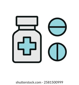 Pill medical icon is a simple vector illustration of a capsule and tablet, perfect for representing medication, pharmacy, and healthcare applications.