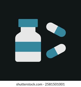 Pill medical icon is a simple vector illustration of a capsule and tablet, perfect for representing medication, pharmacy, and healthcare applications.