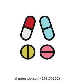 Pill medical icon is a simple vector illustration of a capsule and tablet, perfect for representing medication, pharmacy, and healthcare applications.