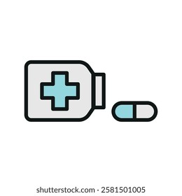 Pill medical icon is a simple vector illustration of a capsule and tablet, perfect for representing medication, pharmacy, and healthcare applications.