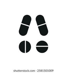 Pill medical icon is a simple vector illustration of a capsule and tablet, perfect for representing medication, pharmacy, and healthcare applications.