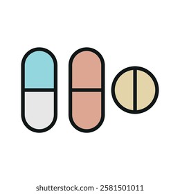 Pill medical icon is a simple vector illustration of a capsule and tablet, perfect for representing medication, pharmacy, and healthcare applications.