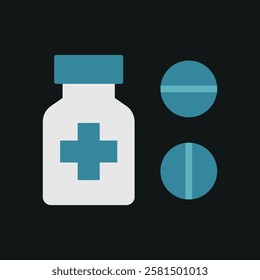 Pill medical icon is a simple vector illustration of a capsule and tablet, perfect for representing medication, pharmacy, and healthcare applications.