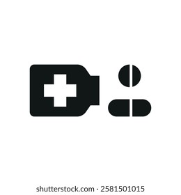 Pill medical icon is a simple vector illustration of a capsule and tablet, perfect for representing medication, pharmacy, and healthcare applications.