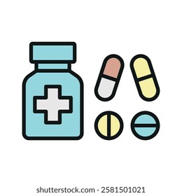 Pill medical icon is a simple vector illustration of a capsule and tablet, perfect for representing medication, pharmacy, and healthcare applications.