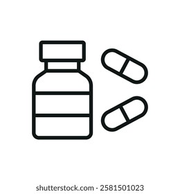 Pill medical icon is a simple vector illustration of a capsule and tablet, perfect for representing medication, pharmacy, and healthcare applications.