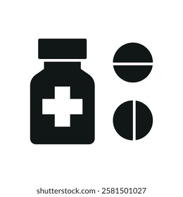 Pill medical icon is a simple vector illustration of a capsule and tablet, perfect for representing medication, pharmacy, and healthcare applications.