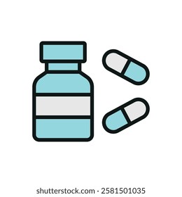 Pill medical icon is a simple vector illustration of a capsule and tablet, perfect for representing medication, pharmacy, and healthcare applications.