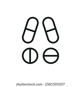 Pill medical icon is a simple vector illustration of a capsule and tablet, perfect for representing medication, pharmacy, and healthcare applications.