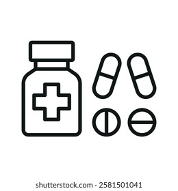 Pill medical icon is a simple vector illustration of a capsule and tablet, perfect for representing medication, pharmacy, and healthcare applications.