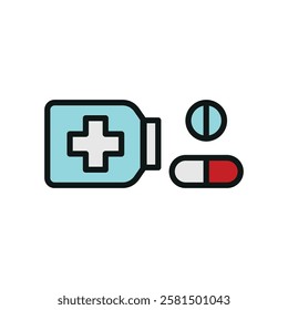 Pill medical icon is a simple vector illustration of a capsule and tablet, perfect for representing medication, pharmacy, and healthcare applications.