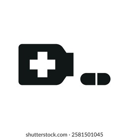 Pill medical icon is a simple vector illustration of a capsule and tablet, perfect for representing medication, pharmacy, and healthcare applications.