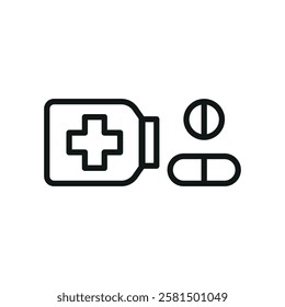 Pill medical icon is a simple vector illustration of a capsule and tablet, perfect for representing medication, pharmacy, and healthcare applications.