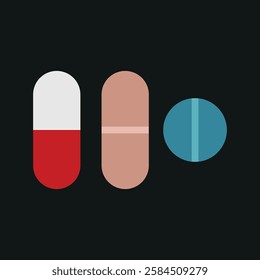 Pill medical icon is a simple vector illustration of a capsule and tablet, perfect for representing medication, pharmacy, and healthcare applications.