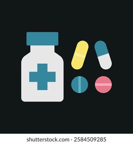 Pill medical icon is a simple vector illustration of a capsule and tablet, perfect for representing medication, pharmacy, and healthcare applications.