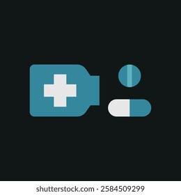 Pill medical icon is a simple vector illustration of a capsule and tablet, perfect for representing medication, pharmacy, and healthcare applications.