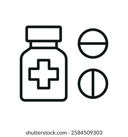 Pill medical icon is a simple vector illustration of a capsule and tablet, perfect for representing medication, pharmacy, and healthcare applications.