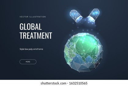 Pill or Medications affect the planet earth. Low poly wireframe style. The concept of saving or healing the world. Polygonal abstract isolated on blue background. Vector