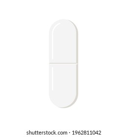 Pill medicine icon isolated on white background. White oblong form pharmaceutical tablete. Vector flat design cartoon style vitamin or drug clip art illustration.