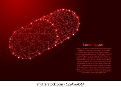 Pill medicine pharmacy symbol from futuristic polygonal red lines and glowing stars for banner, poster, greeting card. Vector illustration.