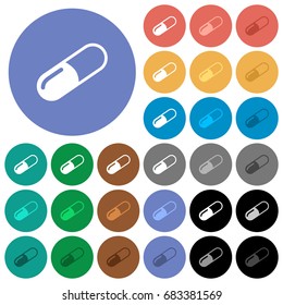 Pill multi colored flat icons on round backgrounds. Included white, light and dark icon variations for hover and active status effects, and bonus shades on black backgounds.