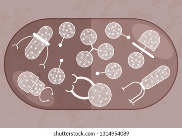 Pill with nanobots. One capsule with different nanorobots with organic transparent membrane and microchips