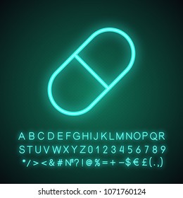 Pill neon light icon. Medication. Glowing sign with alphabet, numbers and symbols. Vector isolated illustration