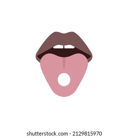 Pill on tongue. Oral medications. Therapy, ill patient. Vector