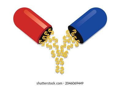 pill open into money falling , pharma investment concept.