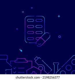 Pill Packaging Gradient Line Vector Icon, Simple Illustration On A Dark Blue Background, Medicine Related Bottom Border.