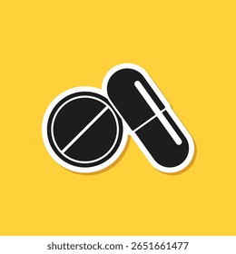 Pill paper sticker icon in flat style. Drug vector illustration on isolated background. Medicine pharmacy sign business concept.