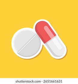 Pill paper sticker icon in flat style. Drug vector illustration on isolated background. Medicine pharmacy sign business concept.
