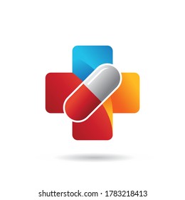 Pill-Plus-Logo-Design-Vorlage, Logo für medizinische Tablette, Logo für die Gesundheitsversorgung, Vektorgrafik