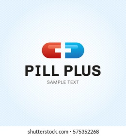 Pill plus logo design template. Vector medical tablet logotype illustration background. Graphic pilule with cross label symbol for pharmacy, hospital. Blue and red health care capsule icon emblem