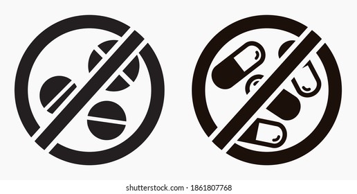 Pill prohibition icon. No medication. Prohibition of the transportation of medicines. Do not consume vitamins. Vector icon.