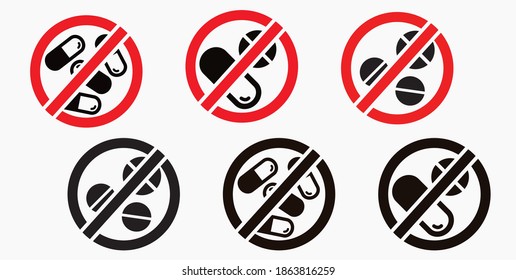 Pill prohibition icon. No medication. Prohibition of the transportation of medicines. Do not consume vitamins. Vector icon.