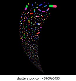Pill random fireworks stream. Vector illustration style is flat bright multicolored iconic symbols on a black background. Object fountain made from scattered icons.