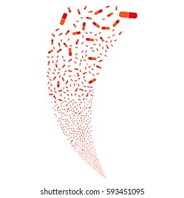 Pill random fireworks stream. Vector illustration style is flat intensive red and orange iconic symbols on a white background. Object fountain done from scattered symbols.