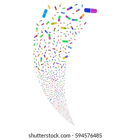 Pill random fireworks stream. Vector illustration style is flat bright multicolored iconic symbols on a white background. Object fountain created from scattered pictographs.
